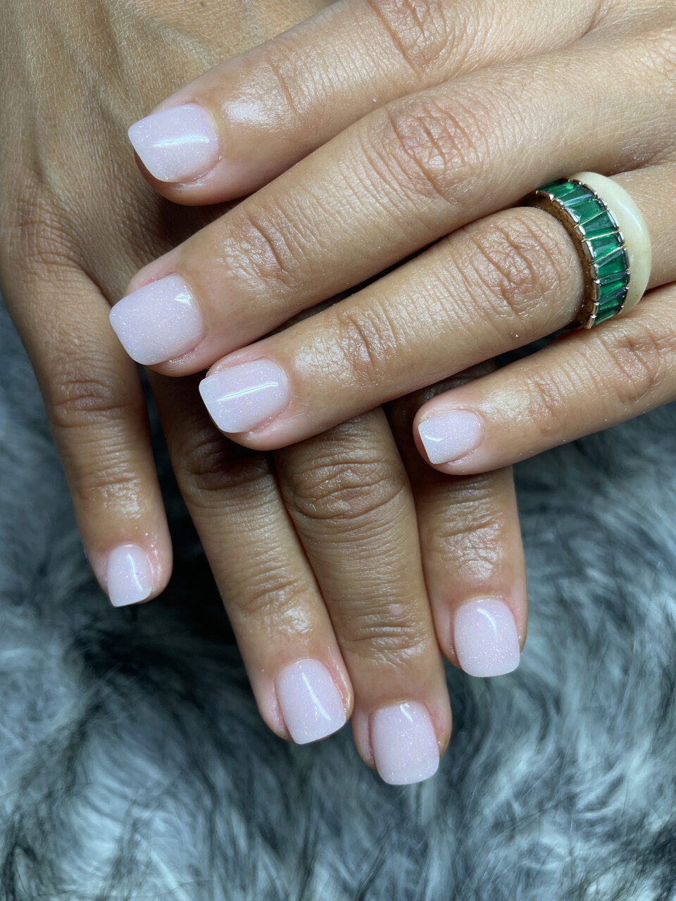 Sheer pink shimmer nails — elegant and luminous
