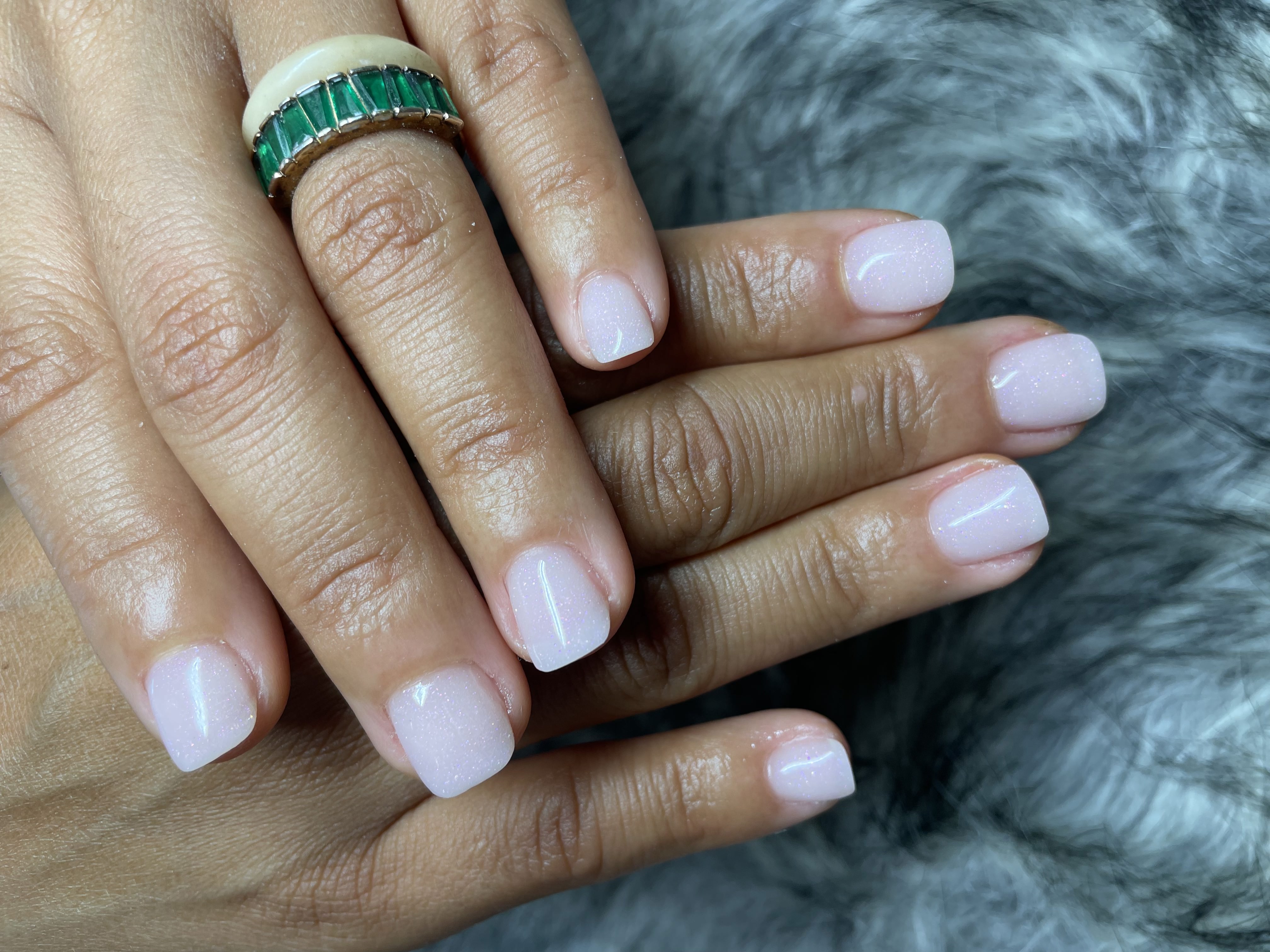Sheer pink shimmer nails — elegant and luminous