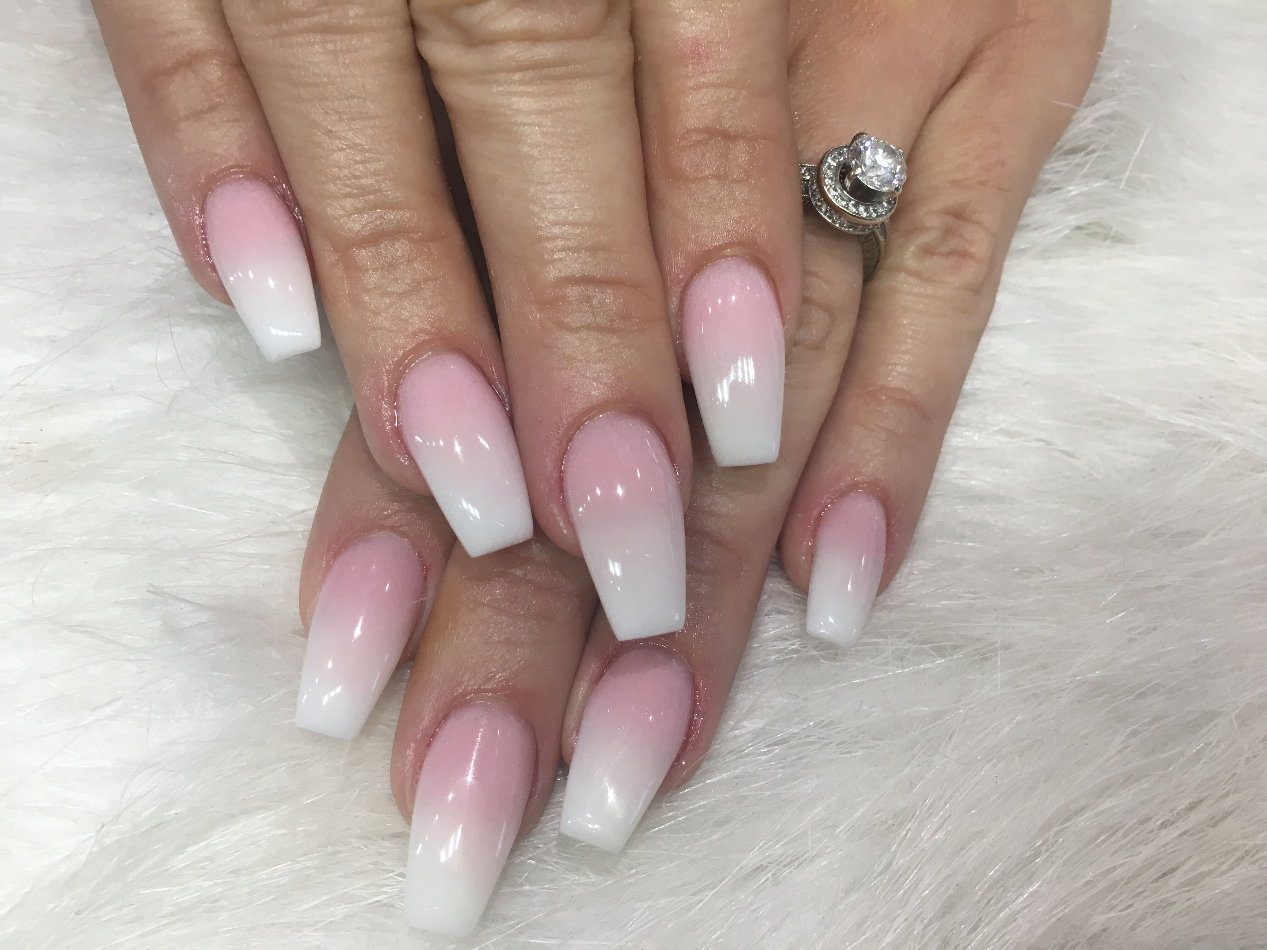 Baby pink to white ombre coffin nails with diamond ring