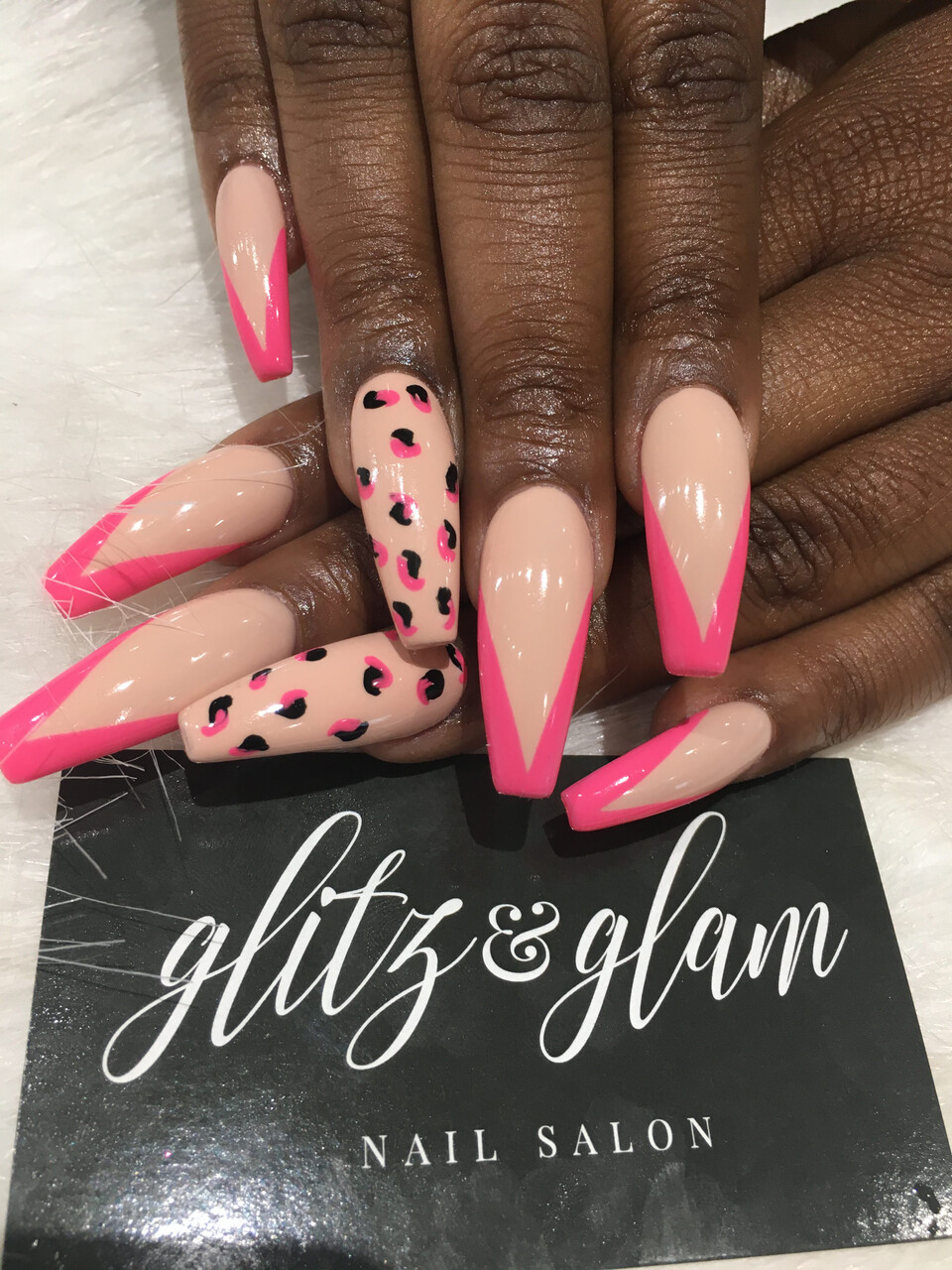 Hot pink V-tip coffin with leopard print — Glitz & Glam logo card